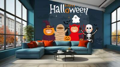 Happy halloween with kids in costumes. Mummy, ghost, skeleton, devil, pumpkin and black cat cartoon character. Vector illustration. Wall mural