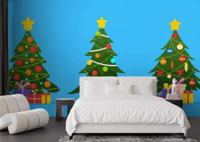 Vector illustration of Christmas trees set. Decorated winter tree with gifts, garland lights, decoration balls and lamps. Wall mural