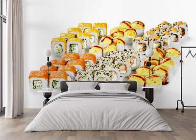 Appetizing large Japanese sushi rolls set for company on white background Wall mural