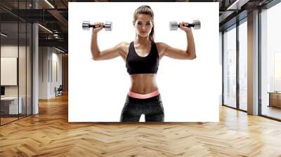 Athletic woman with dumbbells doing sport exercise, isolated on white background Wall mural