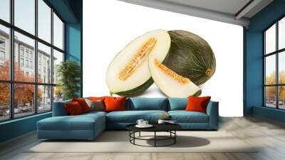 Delicious green tendral melon in cross-section, isolated on white background with copy space for text or images. Side view. Close-up shot. Wall mural