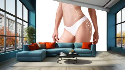 Female body with the drawing arrows on it isolated on white. Fat lose, liposuction and cellulite removal concept. Wall mural