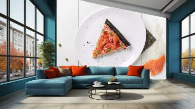 Slice of sushi pizza with fresh salmon and tobiko Wall mural