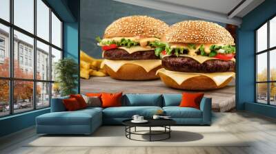 Two craft beef burgers on wooden table on blue background. Wall mural