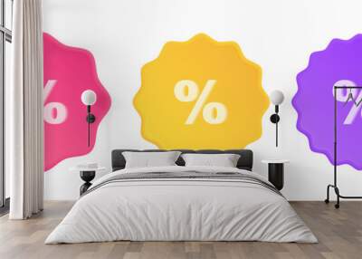 Set of 3d price tag with percent symbol. Design concept of shopping price tag, discount coupon. Starburst sticker with discount sign. Vector illustration Wall mural