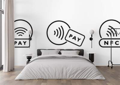 Tap to pay with credit card. Set of NFC wireless payment linear icons. Smart NFC technology for fast payment. Vector illustration Wall mural