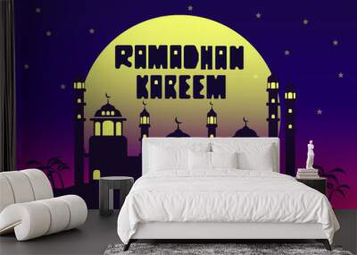 Ramadhan Kareem Illustration, With Mosque Silhouette, Full Moon, Beautiful Background Wall mural