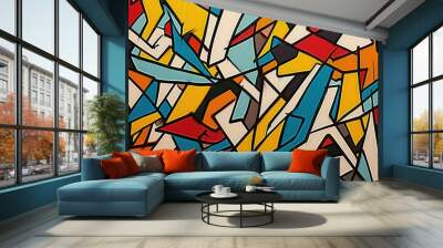 A continuous pattern of chaotic lines and shapes in a high-contrast color scheme, mimicking the spontaneous work of an abstract graffiti artist. Wall mural