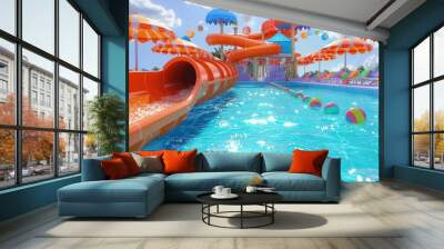 A festive aqua park scene with an orange water slide surrounded by colorful umbrellas and beach balls, leading into a shimmering blue pool. Wall mural