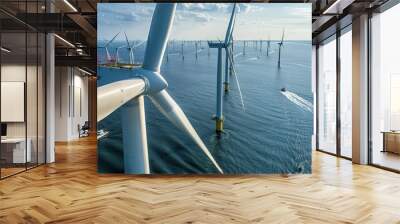 A perspective from above an offshore wind farm, showing the turbines aligned in rows and columns, with small boats navigating between them. Wall mural