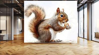 A playful watercolor image of a squirrel holding an acorn, with rich browns and soft grays, giving a lively texture to its bushy tail, set against a stark white background. Wall mural