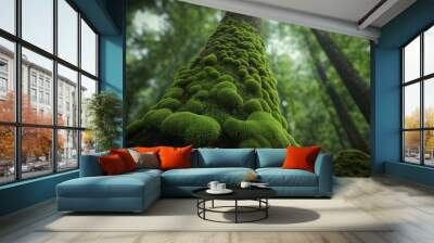 A realistic moss-covered tree trunk in a dense forest, with the moss vivid and wet, enhancing the feel of an unexplored natural landscape. Wall mural