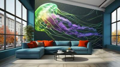 A surreal representation of a jellyfish with neon green and purple hues, its body glowing subtly, isolated on a transparent background for dramatic visual projects. Wall mural