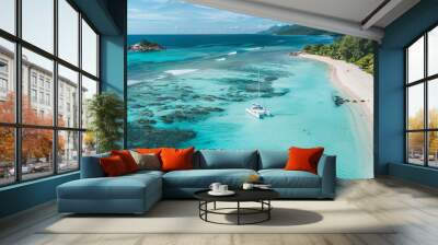 Aerial View: Grand Anse Beach, La Digue, Seychelles - White Sandy Shoreline, Azure Lagoon, Moored Catamaran Yacht Wall mural