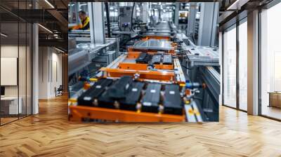 An assembly line focused on the automated testing of electric vehicle battery cells, with machines applying various stress tests to ensure durability and performance. Wall mural