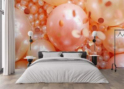 An elegant arrangement of pearl and peach balloons with rose gold confetti, providing a luxurious setting for gender reveal party details. Wall mural