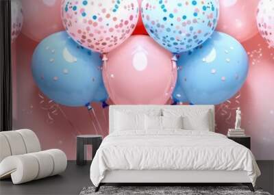 An elegant background with helium balloons in shades of pink and blue, with delicate confetti falling around the sides, ideal for a sophisticated gender reveal backdrop with space for text Wall mural