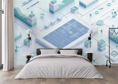 An isometric view of a financial report presentation with complex flowcharts and data matrices, rendered in subtle shades of blue and green, isolated on a white background for clarity. Wall mural