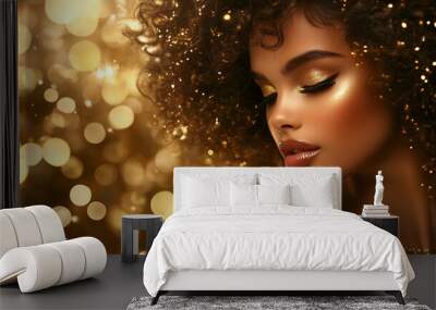 Banner beauty model girl on holiday golden background, woman with beautiful make up and curly hair style wearing gold dress, golden glow, festive celebration ai generative Wall mural