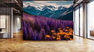 Close-up shot of a serene mountain scene at day light, , taken with a 105mm lens, showcasing a field of Different color variations flowers and a sky painted in purple Wall mural