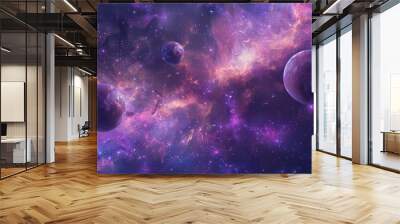 Colorful Planets Floating Above Nebulae in Deep Space Scene Wall mural