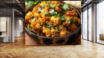 Delicious Aloo Gobi: Traditional Indian Cauliflower and Potato Curry Dish on Rustic Table Wall mural