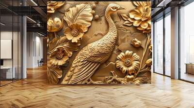 Golden 3D Wall Art with Peacock Wallpaper, Animal, Jewelry, and Floral Illustrations on Wooden Circle Background - Mural and Generative AI Design Wall mural