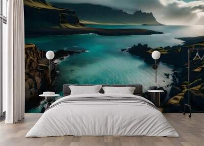 Iceland's enchanting daylight, a hidden cove adorned with palm trees, small iridescent stones that shimmer, and an awe-inspiring ocean vista. Wall mural