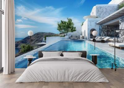 Luxury Swimming Pool Overlooking the Aegean Sea in Santorini - 3D Rendering Wall mural