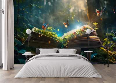 Open magic book with growing lights, magic powder, butterflies. Magic book of elves in the fairy forest, ai generative Wall mural