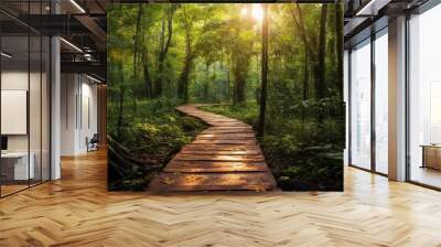 Path way through the autumnal forest natural way concept, road to the tropical forest nature field, relaxing with ecological environment, use for spa and freedom lifestyle concept Wall mural