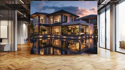 Sharp architectural lines accentuated by the soft evening light reflecting off the water features. Wall mural