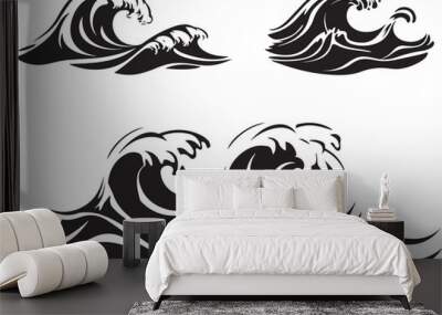 Silhouette of water wave vector icon, Wave beach vector symbol, Set of sea wave logo in black Wall mural