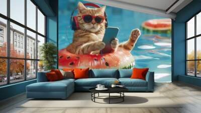 The beige cat in headphones and sunglasses with a smartphone is lying on an inflatable watermelon ring and listening to music in the swimming pool. Blue water background. Wall mural