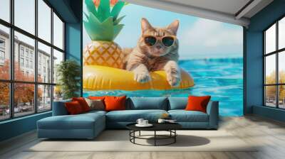 The beige cat in sunglasses is lying on an inflatable pineapple and listening to music in the swimming pool. Blue water background. Wall mural