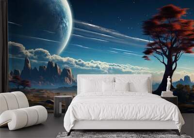 Vibrant Landscape Painting: Serene Trees and Planets, Canon RF 50mm f/1.2L USM Capture Wall mural