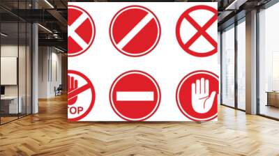 Set stop red sign icon with white hand, do not enter. Warning stop sign stock vector Wall mural