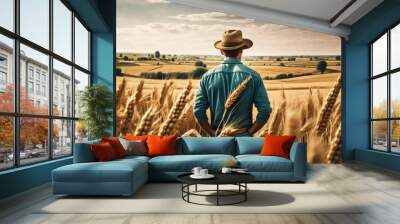 farmer in wheat field Wall mural