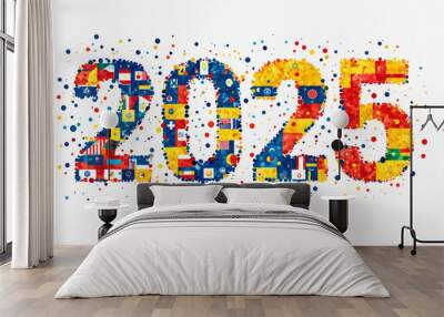 2025 Happy New Year logo made of Flags Wall mural