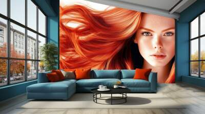 Captivating redhead with flowing hair and intense gaze Wall mural