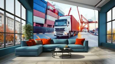 Container truck in busy ship port at sunset for logistics and transportation Wall mural