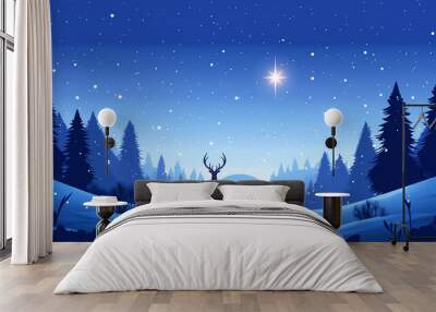 Deer in a Snowy Forest With a Night Starry Sky Wall mural