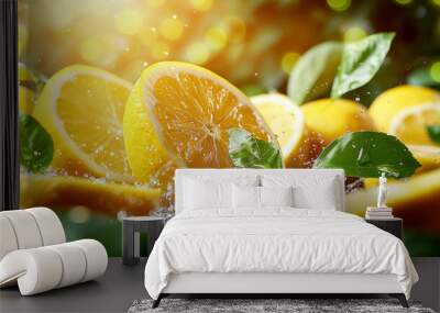 Sliced ​​lemons With Water Splashes Wall mural