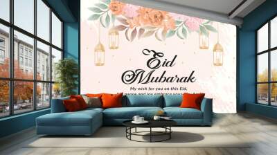 Eid Mubarak card design with watercolor floral mosque lamp moon stars vector illustration Wall mural