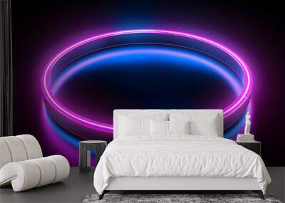 Round circle picture frame with two tone neon color shade motion graphic on isolated black background. Blue and pink light moving for overlay element. 3D illustration rendering. Empty space in middle Wall mural