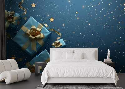 Blue gift box with golden bow on blue background Wall mural