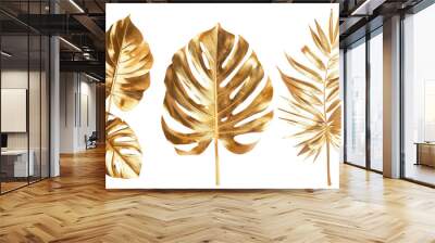 Collection of golden tropical monstera leaves isolated on white or transparent background Wall mural