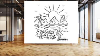 Tropical Summer beach wave with palm trees, mountains and sunset for t shirt print. Stylized vector of a tranquil seaside landscape for summer travel and vacation. graphic tee for surf up summer time. Wall mural