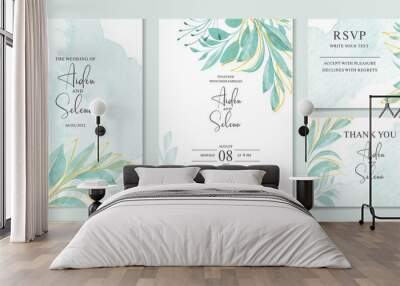 set of watercolor wedding invitation card templates. With beautiful green leaves botanic illustration for card composition design. Wall mural