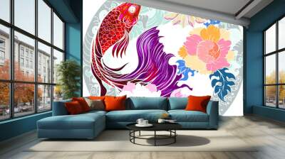 Colorful Siamese fighting fish or betta fish swimming in Japanese wave with peony and daisy flowers for hand drawn tattoo art design in  geometric and circular ornament frame Wall mural